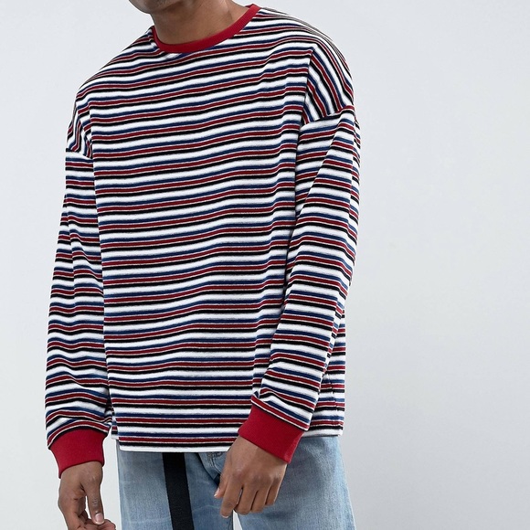 ASOS Other - ASOS men’s burgundy stripe long sleeve crew neck towelling 90’s shirt Sz XXS